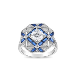 scienza resurgence art deco ring for women – rhodium plated sterling silver ring w/blue baguette stones – blue spinel & white cubic zirconia ring – structured crisscross geometric ring