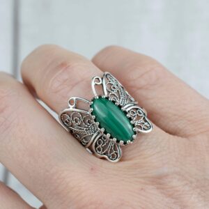 Filigranist Sterling Silver Filigree Art Butterfly Women Cocktail Ring with Gemstones (Malachite, 9)