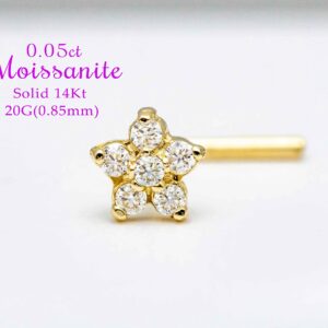 14K Yellow Gold 20G L-shape Flower Nose Stud with 0.05ct Moissanite Gemstones - April Birthstone Nose Ring - FLMNT-LSYG