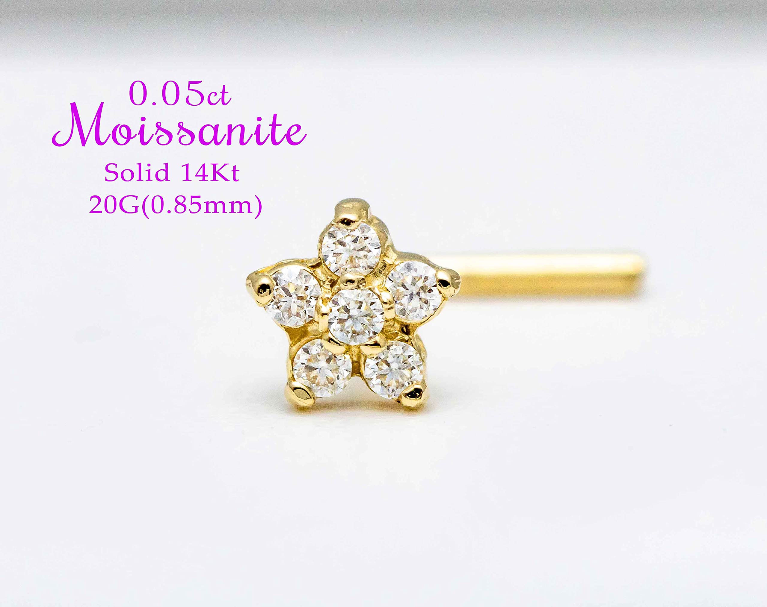 14K Yellow Gold 20G L-shape Flower Nose Stud with 0.05ct Moissanite Gemstones - April Birthstone Nose Ring - FLMNT-LSYG