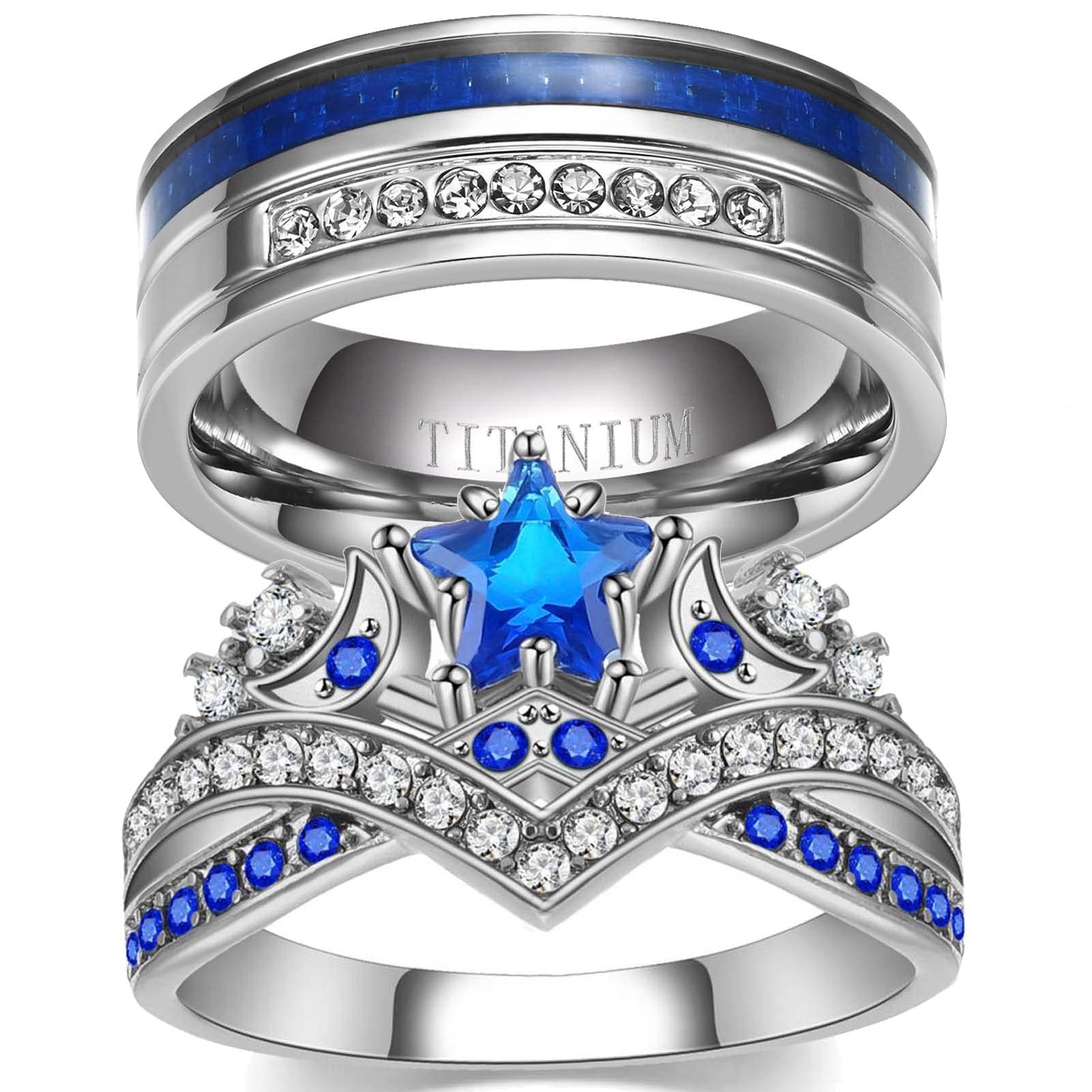 MASHAN Couple Rings Matching Rings His Her Ring Stars and Moon Princess Ring Blue CZ Women's Wedding Ring