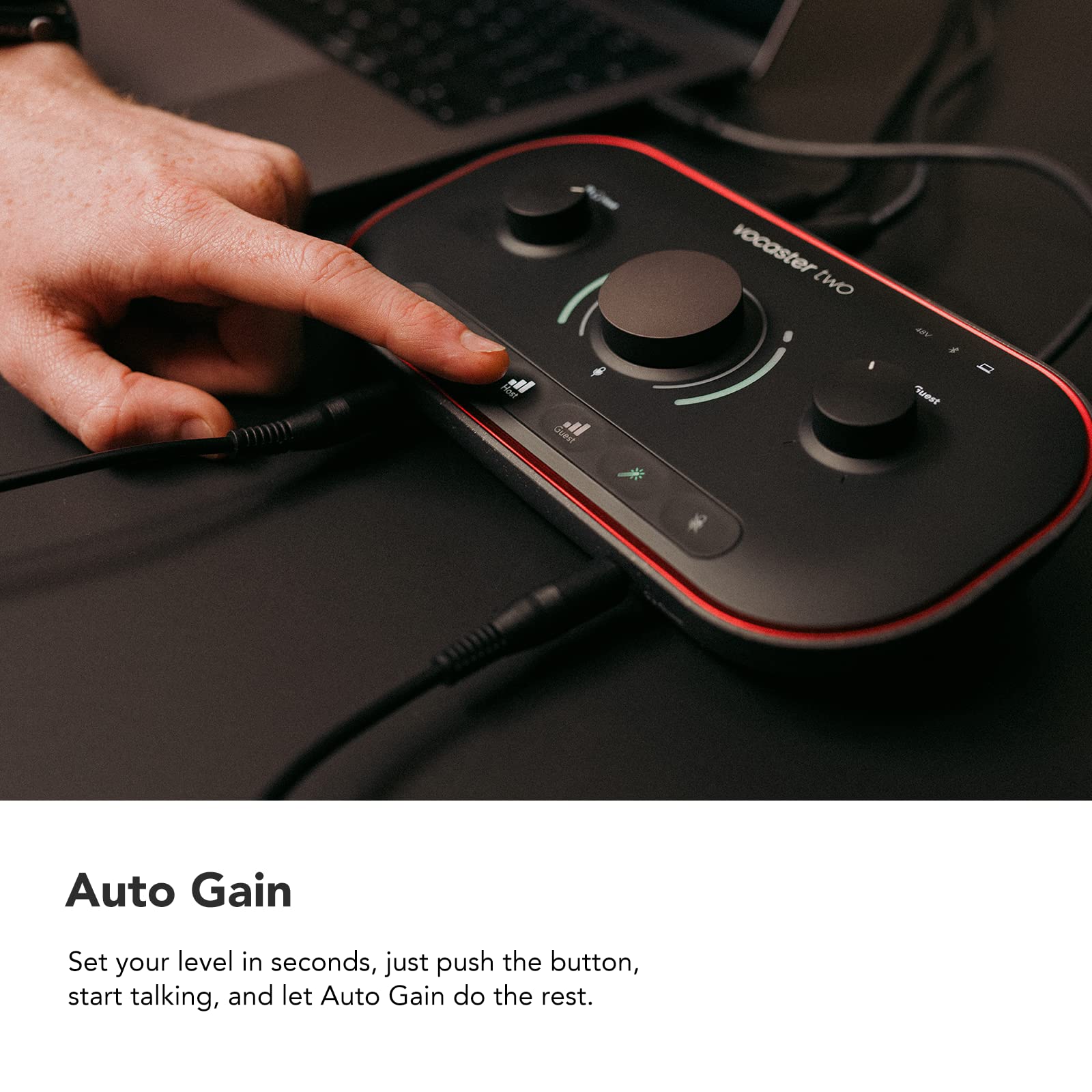 Focusrite Vocaster Two — Podcasting Interface for Recording Host and Guest. Two Mic Inputs and Two Headphone Outputs, with Auto Gain, Enhance, and Mute. Small, Lightweight, and Powered by Computer.