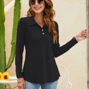 LOMON Women's Long Sleeve Polo Shirts and Blouses Business Casual Collared Tunic Shirt Black XL