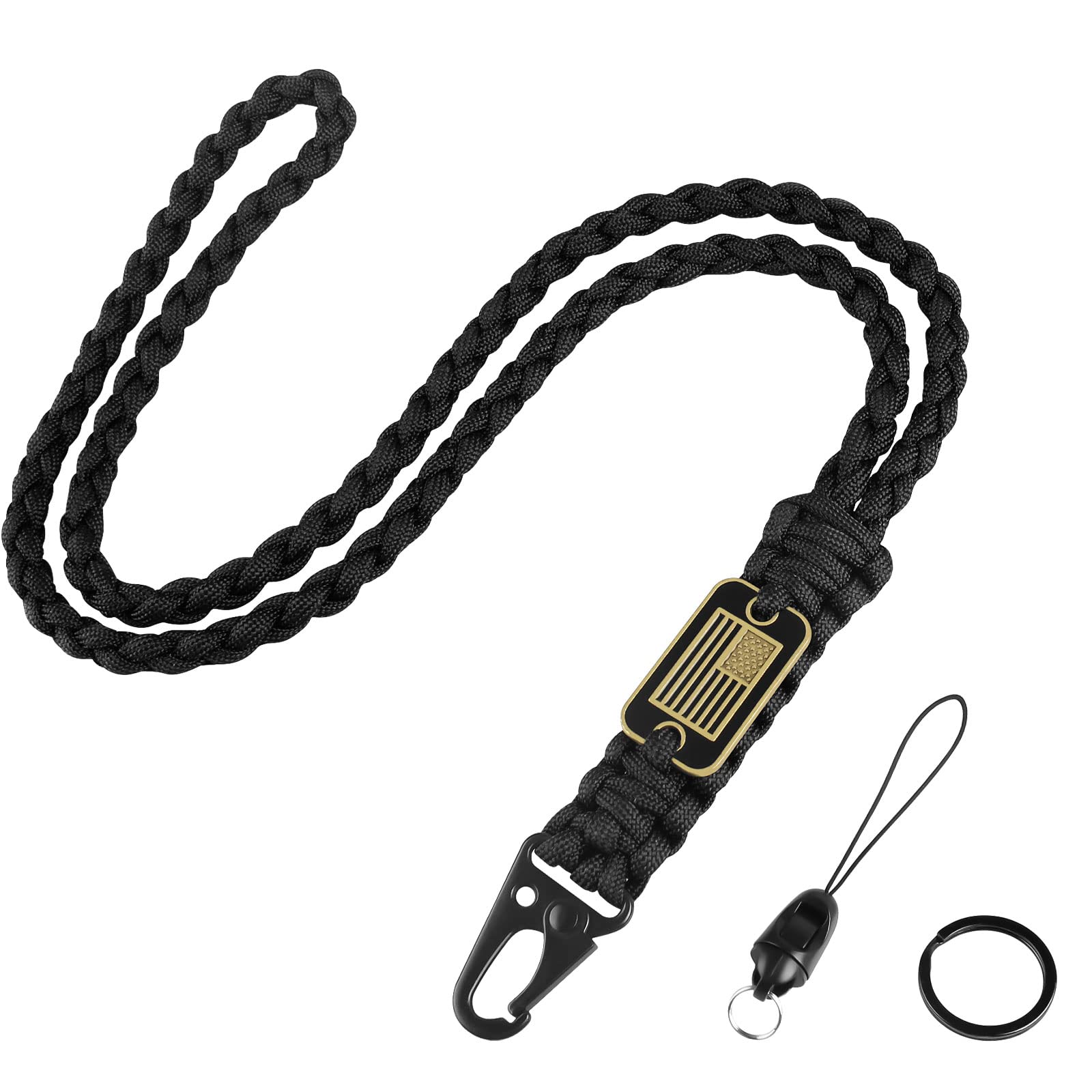 MDSXO Paracord Key Lanyard for Men Black Neck Lanyard for Keys with Cool USA Flag, Long Heavy Duty Braided Keychain Lanyard for Wallets, Keys, Whistle，Camera, Phone, Outdoor Activities