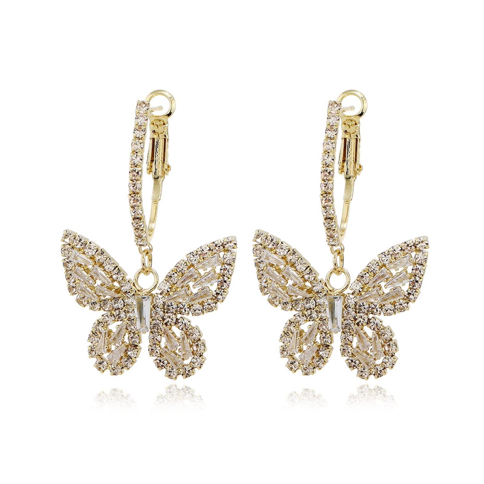 WASAIE Butterfly Hoop Dangling Earrings For Women,Crystal Rhinestone CZ Drop Earrings For Lady,Gold Plated Cubic Zirconia Earrings for Prom Wedding Brides