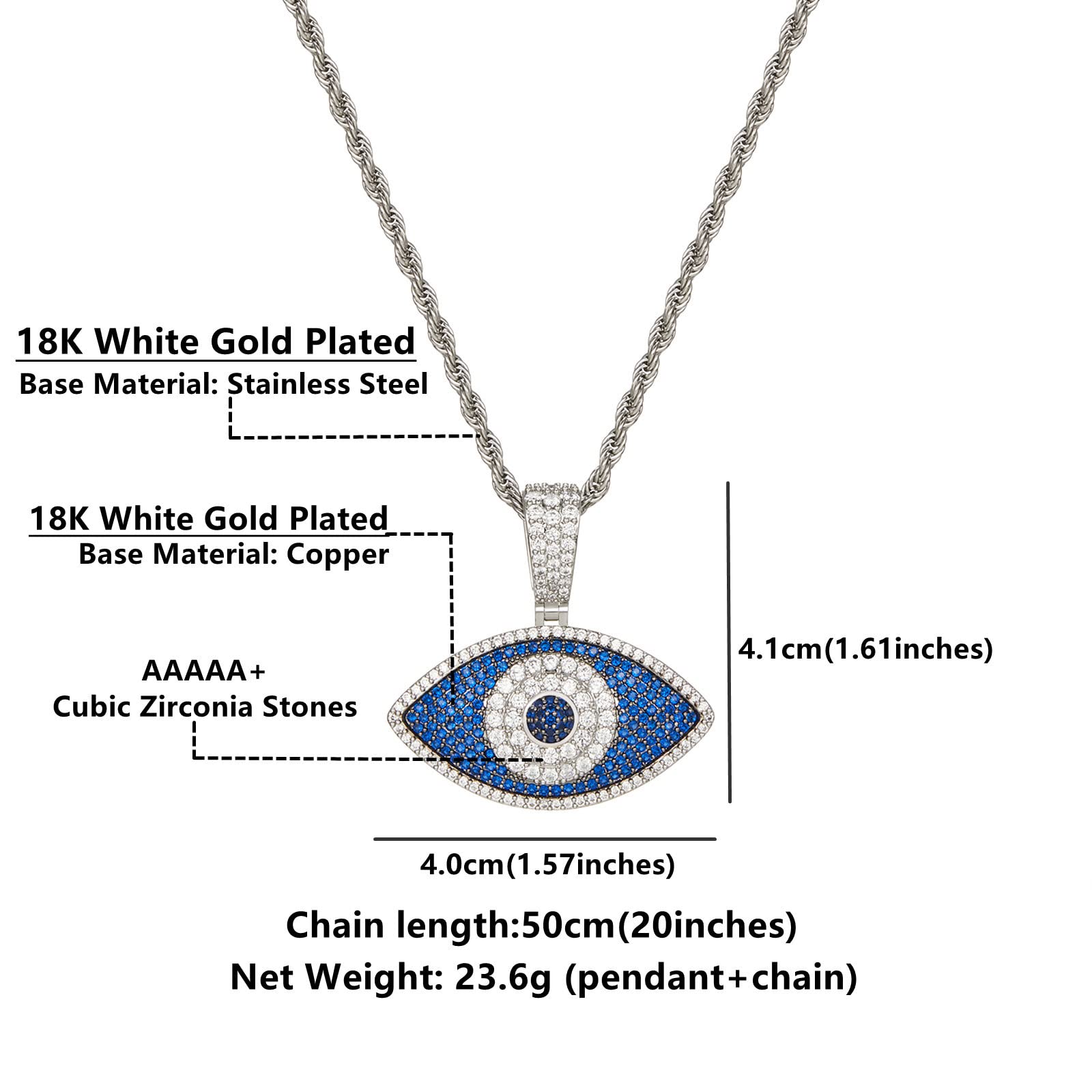 IVY TAILI Evil Eye Pendant Necklace 18k White Gold Plated Iced Out Pendant with Rope Chain Silver Evil Eye Necklace Diamond Pendant Women Gift