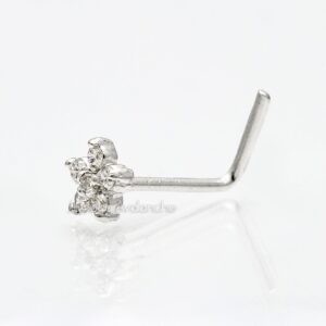 20G 14K White Gold Diamond L-shape Nose Stud - Flower Setting nose Ring - April Birthstone - FLWD-LSWG