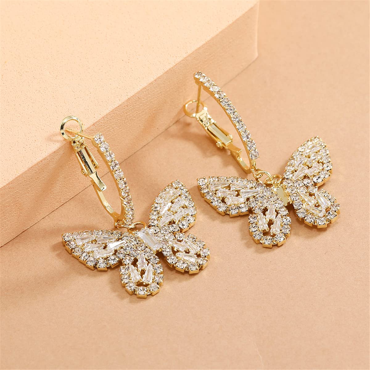 WASAIE Butterfly Hoop Dangling Earrings For Women,Crystal Rhinestone CZ Drop Earrings For Lady,Gold Plated Cubic Zirconia Earrings for Prom Wedding Brides