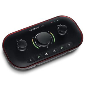 Focusrite Vocaster Two — Podcasting Interface for Recording Host and Guest. Two Mic Inputs and Two Headphone Outputs, with Auto Gain, Enhance, and Mute. Small, Lightweight, and Powered by Computer.