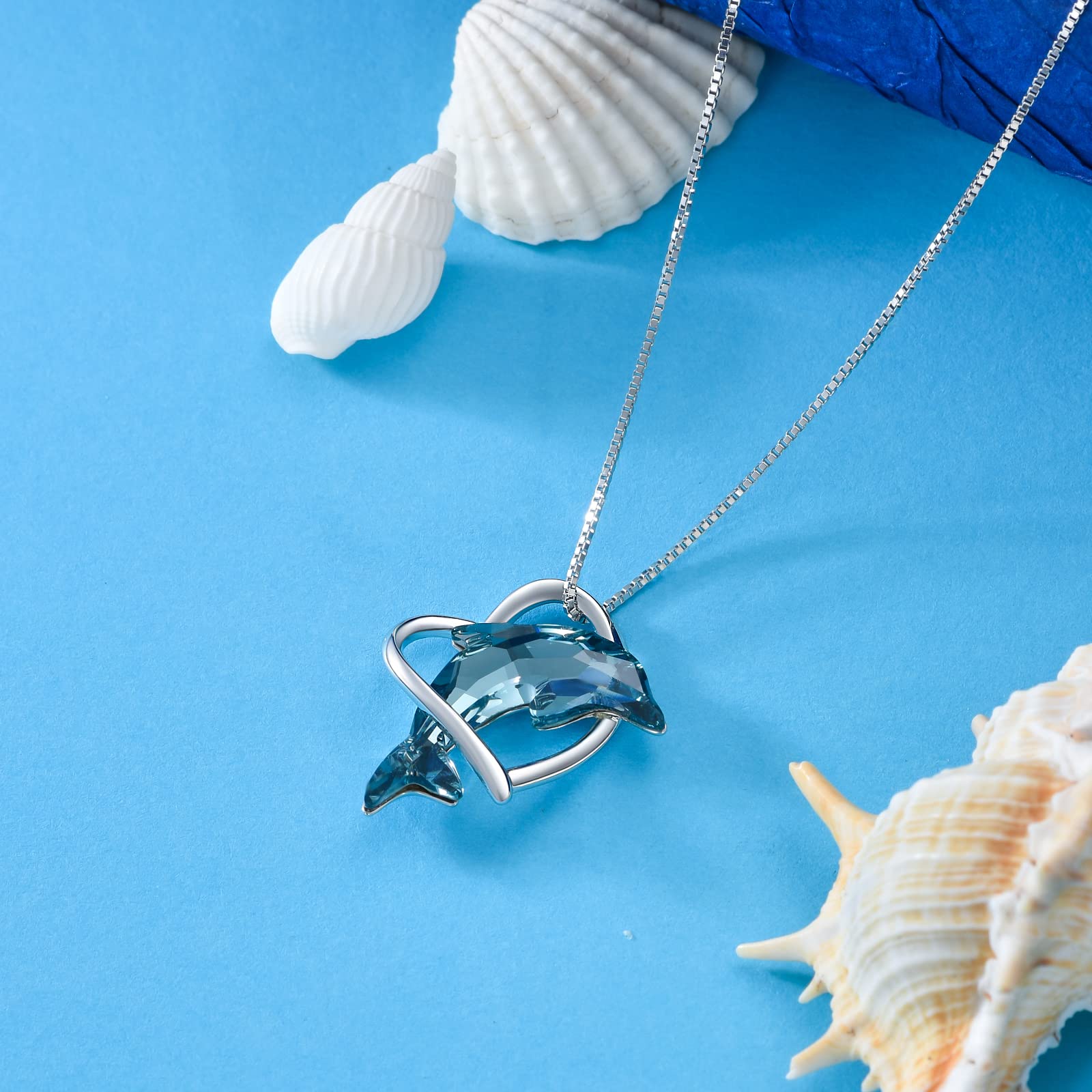 Flpruy Dolphin Gifts for Women 925 Sterling Silver Dolphin Necklace Ocean Themes Heart Necklace with Blue Crystal Dolphin Jewelry Gifts for Women Mom Girlfriend Birthday