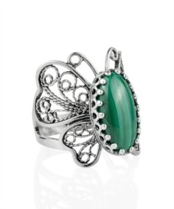 filigranist sterling silver filigree art butterfly women cocktail ring with gemstones (malachite, 9)