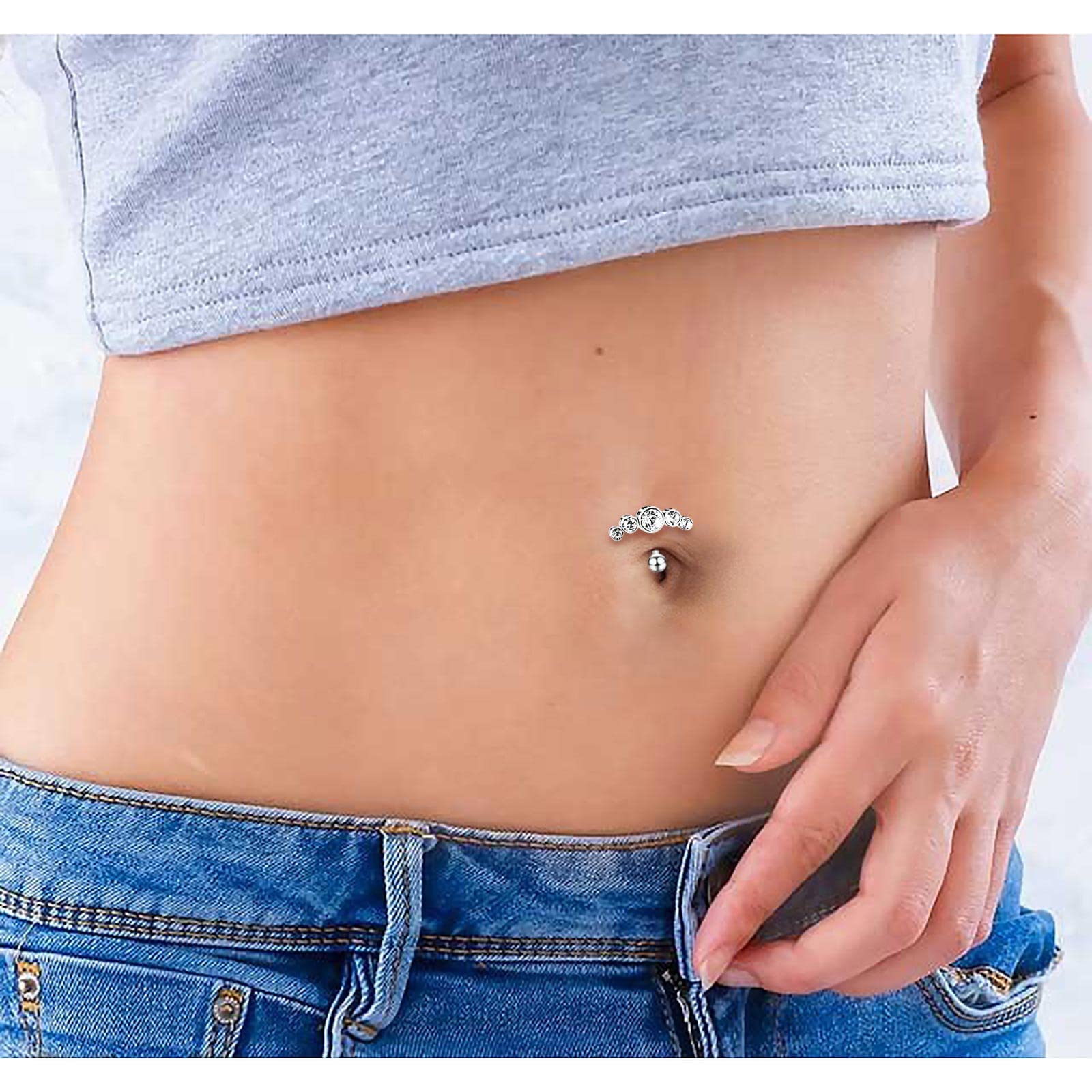 FLYUN Crystal Belly Button Ring for Women Girls Stainless Steel Curved Navel Barbell Bling Crystals Body Piercings Jewelry (14g 10mm, Curved-Silver)