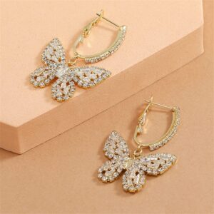 WASAIE Butterfly Hoop Dangling Earrings For Women,Crystal Rhinestone CZ Drop Earrings For Lady,Gold Plated Cubic Zirconia Earrings for Prom Wedding Brides