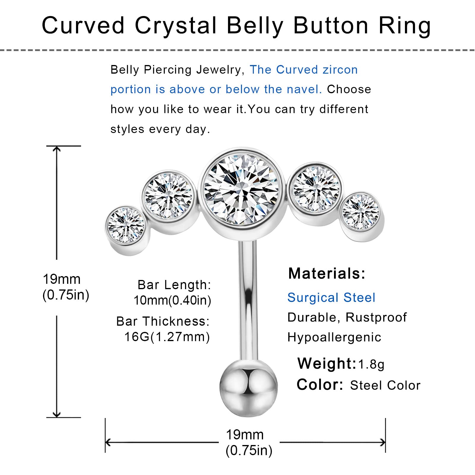 FLYUN Crystal Belly Button Ring for Women Girls Stainless Steel Curved Navel Barbell Bling Crystals Body Piercings Jewelry (14g 10mm, Curved-Silver)