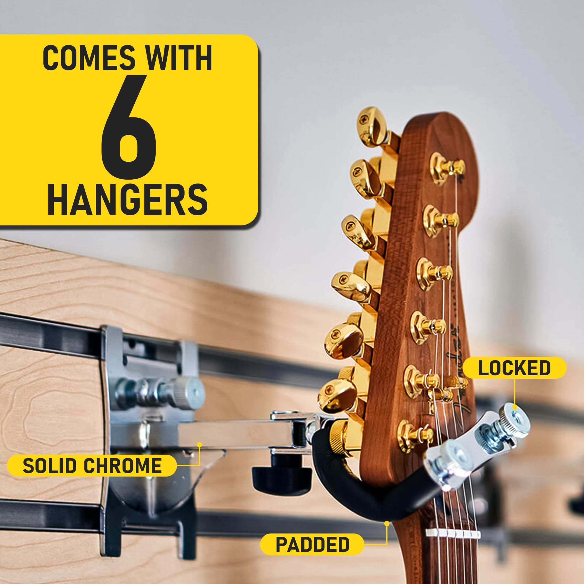 DLDIRECT Multiple Guitar Wall Mount with 6 Guitar Holder Locking System, 48-Inch Black Wall Hanger for Guitars and Ukuleles