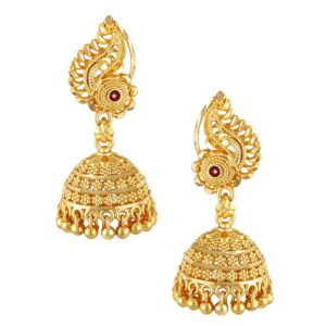 BBRATS Traditional Temple Jewellery 18k One Gram Gold Ethnic Brass Stylish South Indian Ghungroo Screw Back Studs Meenakari Peacock Ruby Jhumki Jhumkas Jhumka Earrings Set For Women girls -GOLD JHUMKI-M143