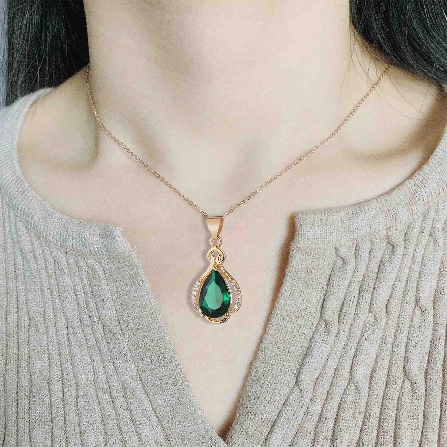 CXUEMH Emerald Necklace Y-shaped Necklace Gold Plated Copper Pear-Shaped Teardrop Necklace Heart Necklace Diamond Pendant Necklace with Rhinestone Inlaid Jewelry for Mom (Green C)