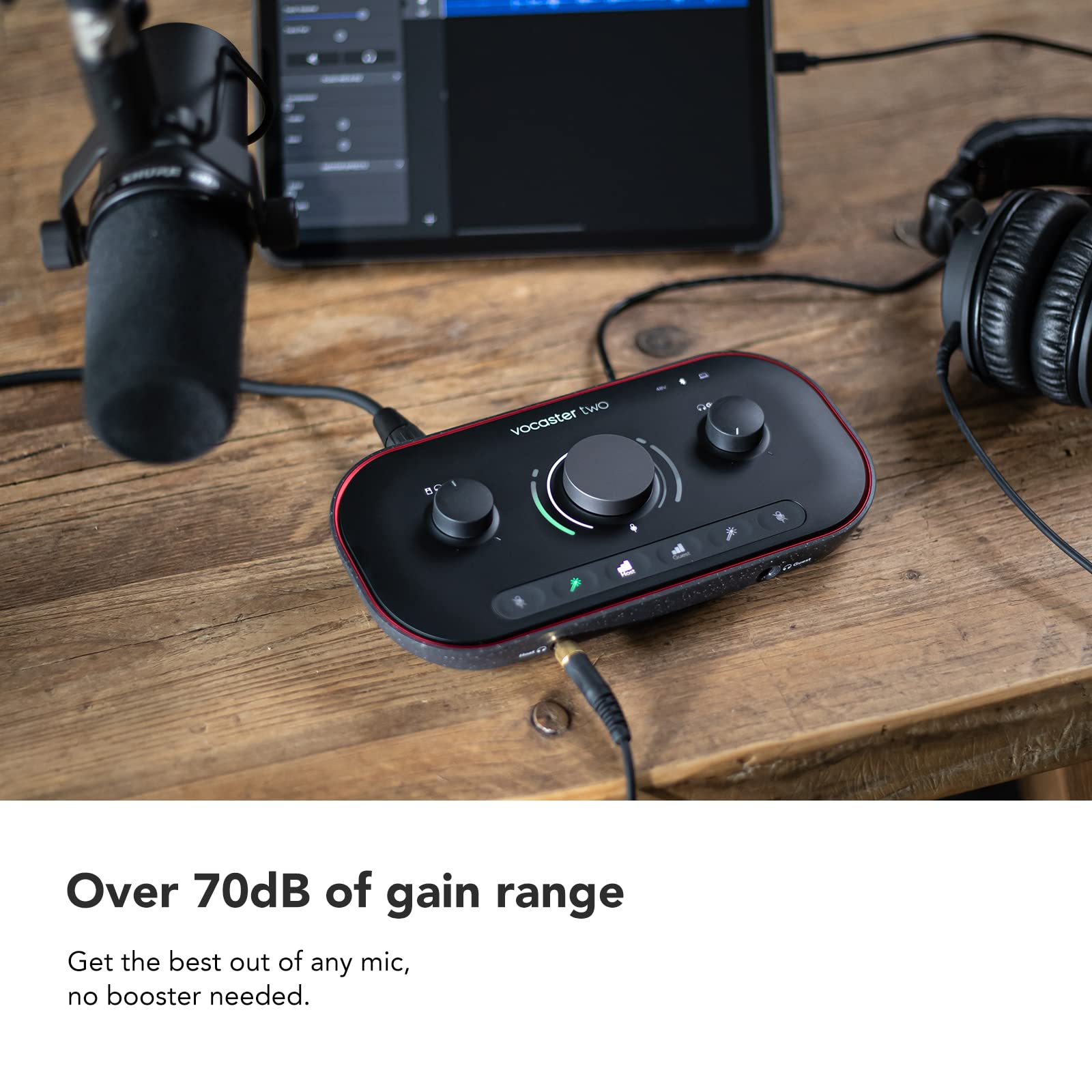 Focusrite Vocaster Two — Podcasting Interface for Recording Host and Guest. Two Mic Inputs and Two Headphone Outputs, with Auto Gain, Enhance, and Mute. Small, Lightweight, and Powered by Computer.