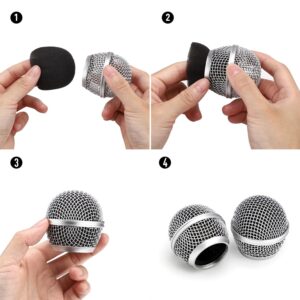 Facmogu 4PCS Microphone Head Replace, Grille Mic Replacement Ball Head, Microphone Grille Ball with Inner Foam, Steel Mesh Microphone Grille Heads, Grille Ball Type Fits for SM58 SM58S BETA58 - Silver