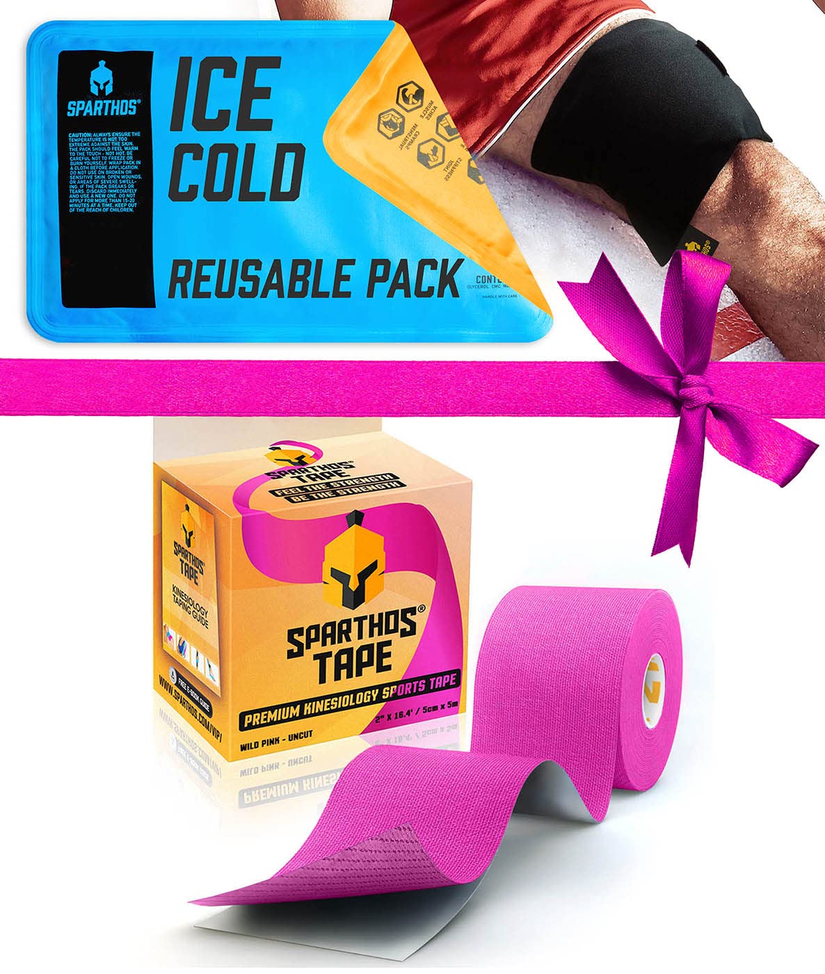 Sparthos Kinesiology Tape [Wild Pink - 16.4ft Uncut Roll] x Ice Packs for Injuries [Size Medium + Cover]