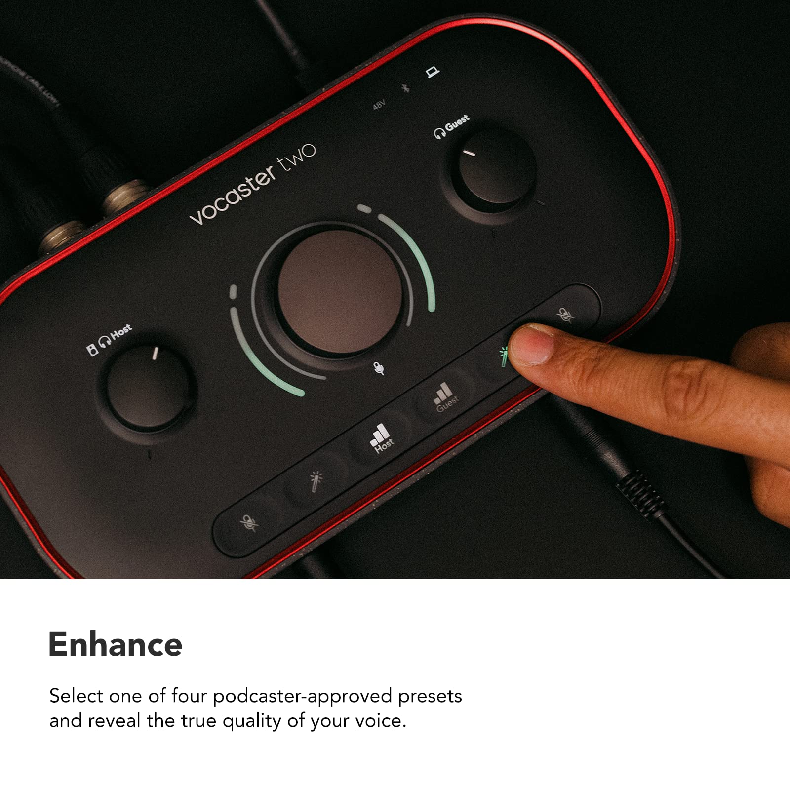 Focusrite Vocaster Two — Podcasting Interface for Recording Host and Guest. Two Mic Inputs and Two Headphone Outputs, with Auto Gain, Enhance, and Mute. Small, Lightweight, and Powered by Computer.