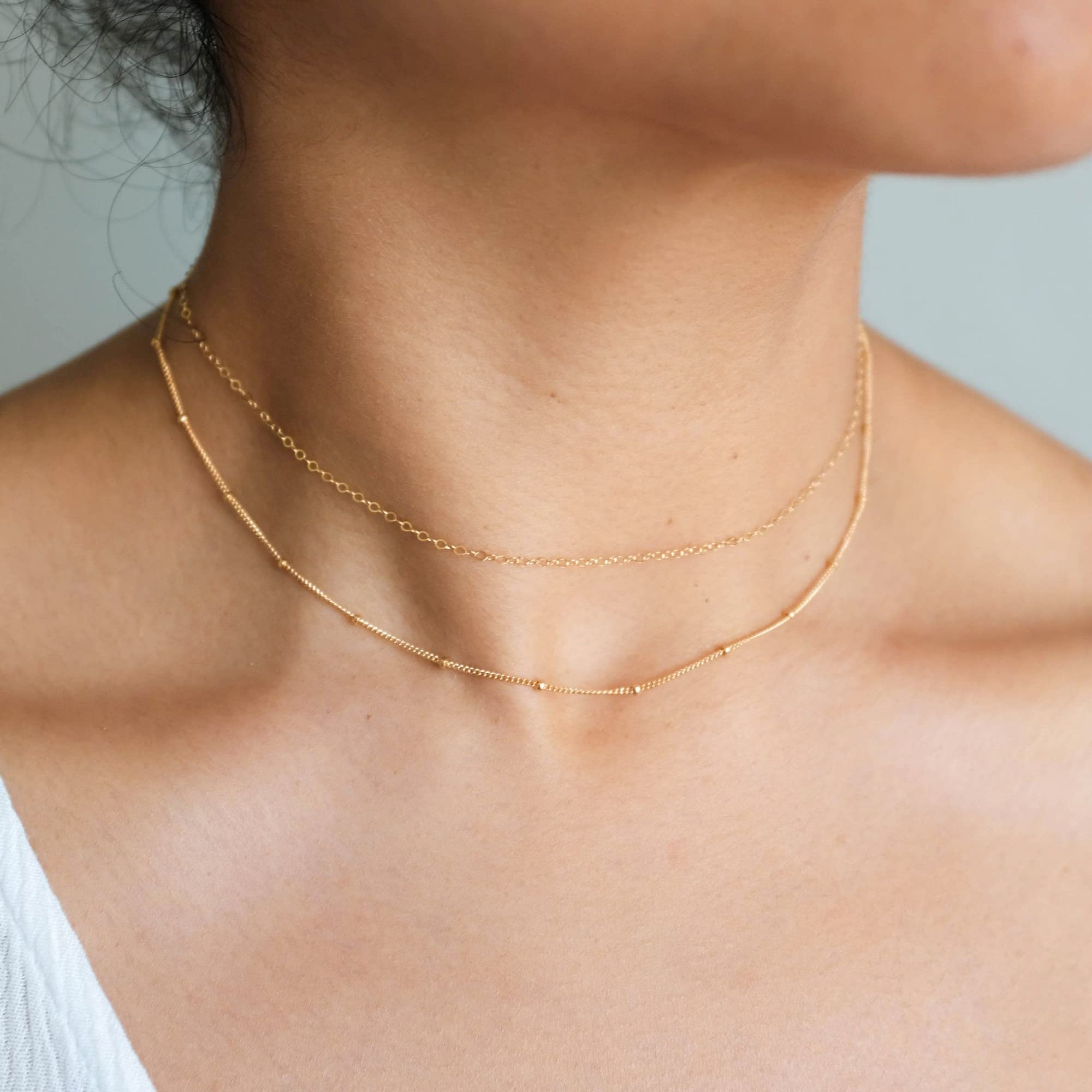 CHESKY Dainty Gold Necklace for Women, Simple Gold Satellite Choker Necklace 14k Real Gold Plated Thin Layered Necklace Womens Trendy Gold Filled Double Choker Necklaces Dainty Jewelry Gift for Her