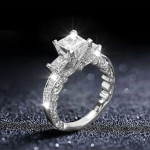 JIAKECHONG Cushion Cut Simulated Diamond Ring for Women Zircon Ring CZ Engagement Ring Wedding Band (Silver, 10)