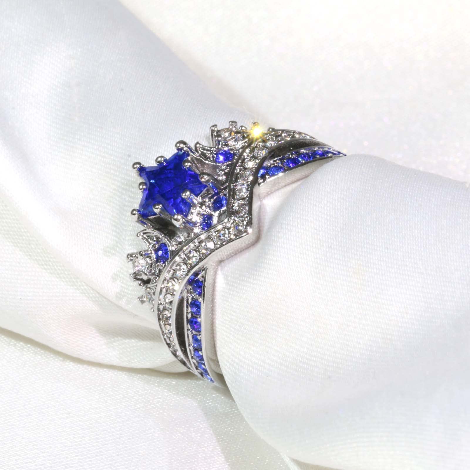 MASHAN Couple Rings Matching Rings His Her Ring Stars and Moon Princess Ring Blue CZ Women's Wedding Ring