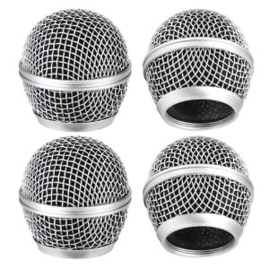 Facmogu 4PCS Microphone Head Replace, Grille Mic Replacement Ball Head, Microphone Grille Ball with Inner Foam, Steel Mesh Microphone Grille Heads, Grille Ball Type Fits for SM58 SM58S BETA58 - Silver