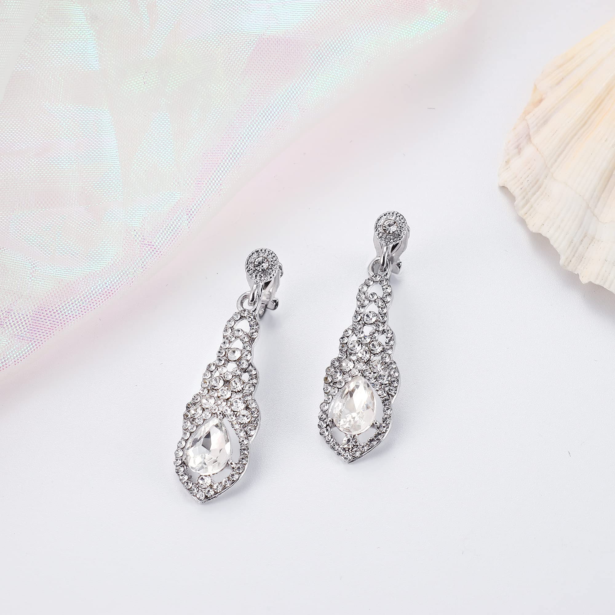 THUNARAZ 4 Pairs Silver Clip on Earrings for Women, Sparkly Rhinestone Tassel Chandelier Teardrop Dangle Earrings for Brides Bridesmaids Non Pierced Prom Jewelry Set Elegant Style