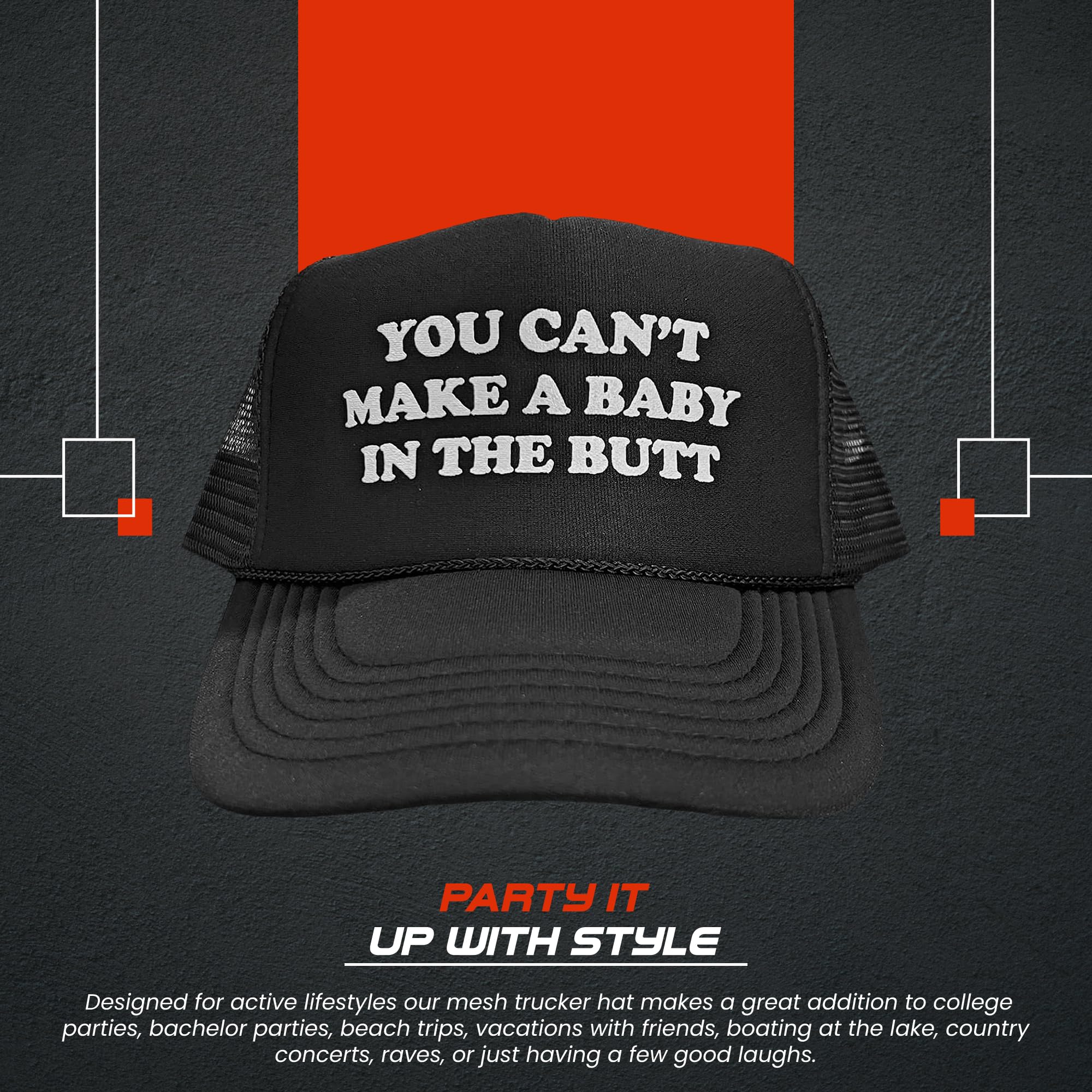 You Can't Make A Baby in The Butt Snapback Trucker Hat for Men or Women, Vintage Fit with Funny Novelty Graphic, Custom Mesh Cap Black