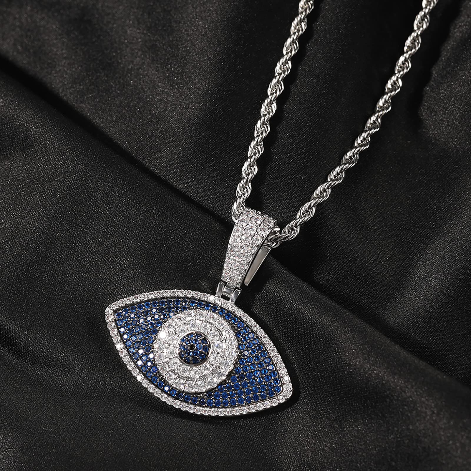 IVY TAILI Evil Eye Pendant Necklace 18k White Gold Plated Iced Out Pendant with Rope Chain Silver Evil Eye Necklace Diamond Pendant Women Gift