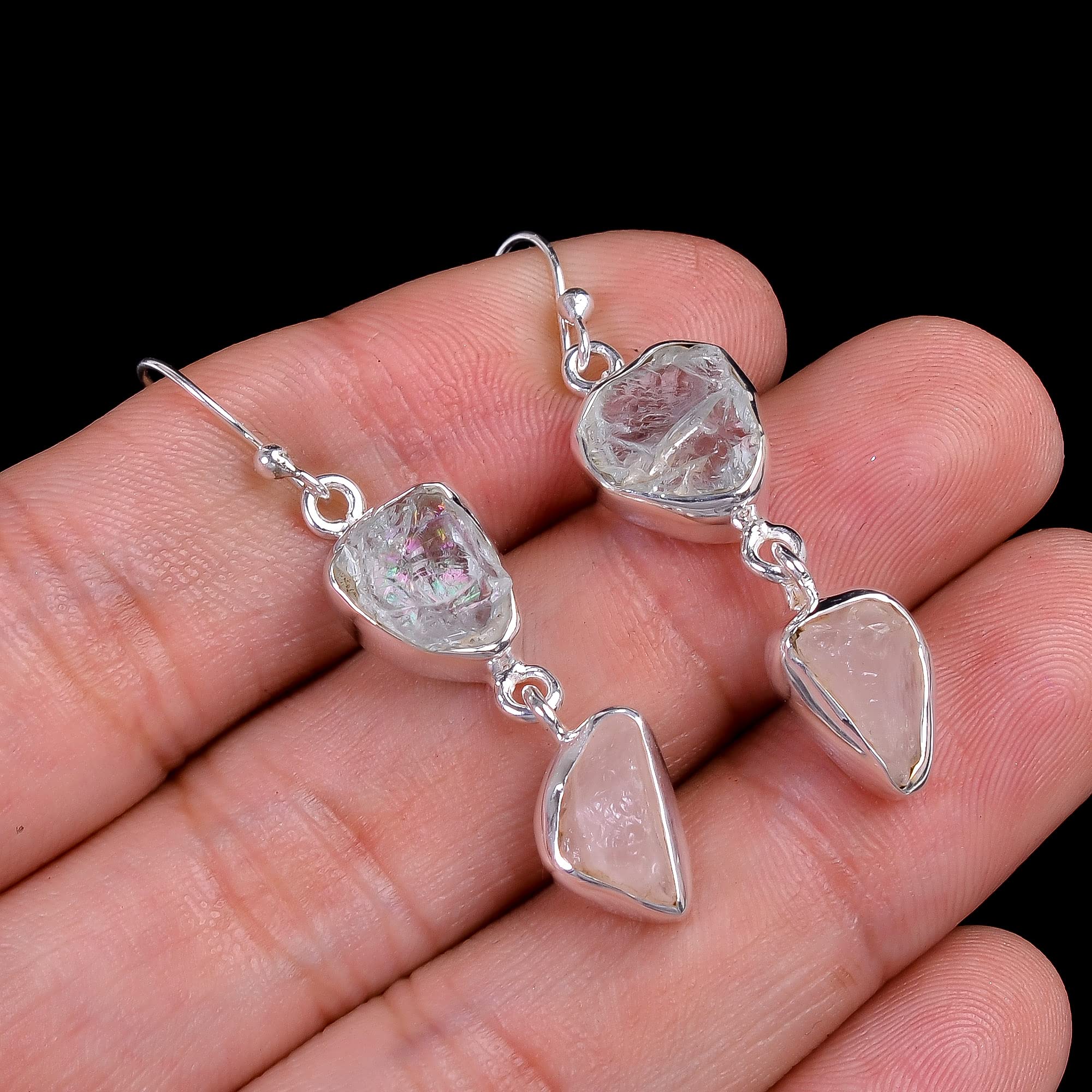 925 Sterling Silver Drop Earrings, Natural Raw Aquamarine Rose Quartz Gemstone Women Gift Jewelry RSE1003