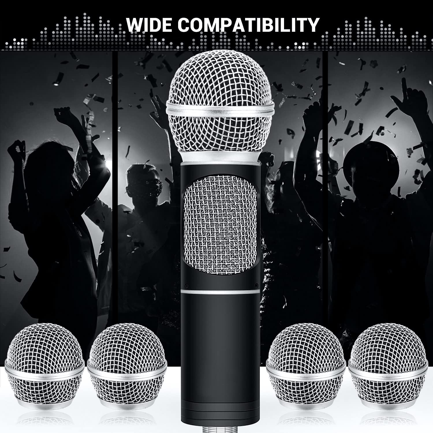 Facmogu 4PCS Microphone Head Replace, Grille Mic Replacement Ball Head, Microphone Grille Ball with Inner Foam, Steel Mesh Microphone Grille Heads, Grille Ball Type Fits for SM58 SM58S BETA58 - Silver