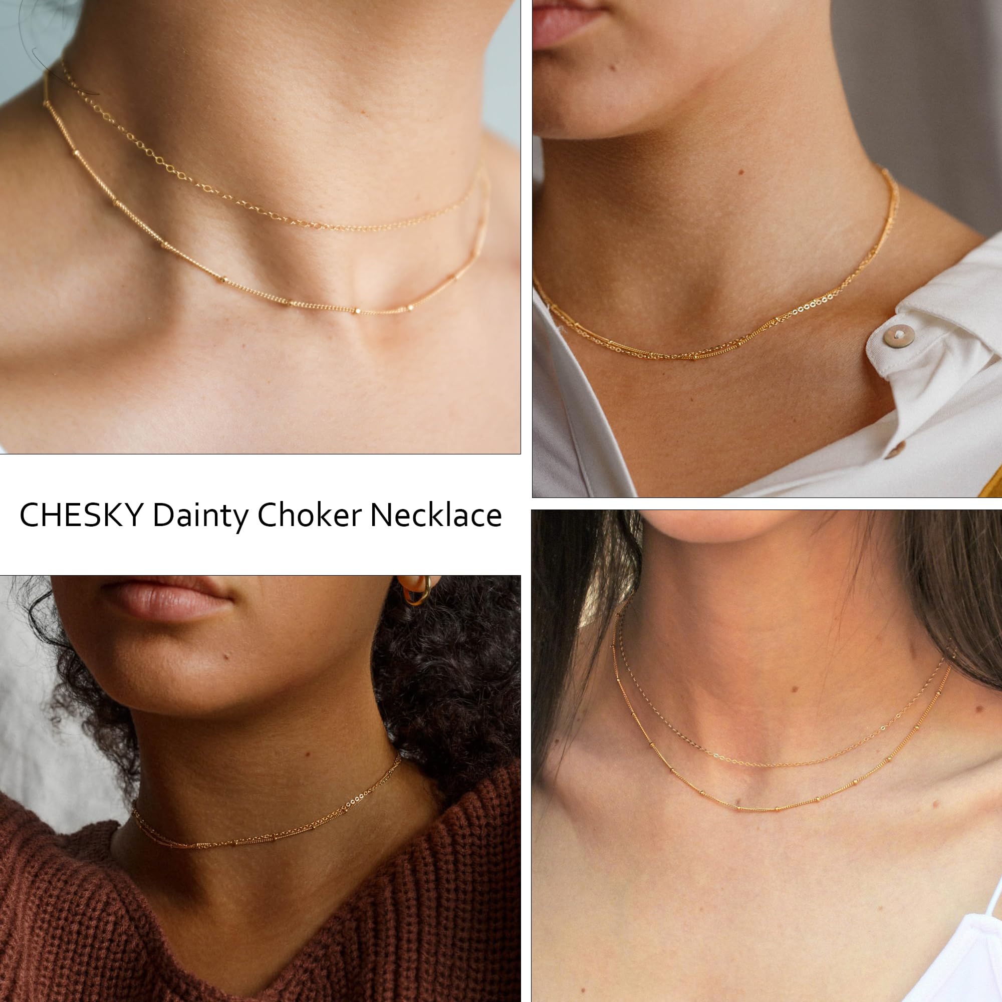 CHESKY Dainty Gold Necklace for Women, Simple Gold Satellite Choker Necklace 14k Real Gold Plated Thin Layered Necklace Womens Trendy Gold Filled Double Choker Necklaces Dainty Jewelry Gift for Her