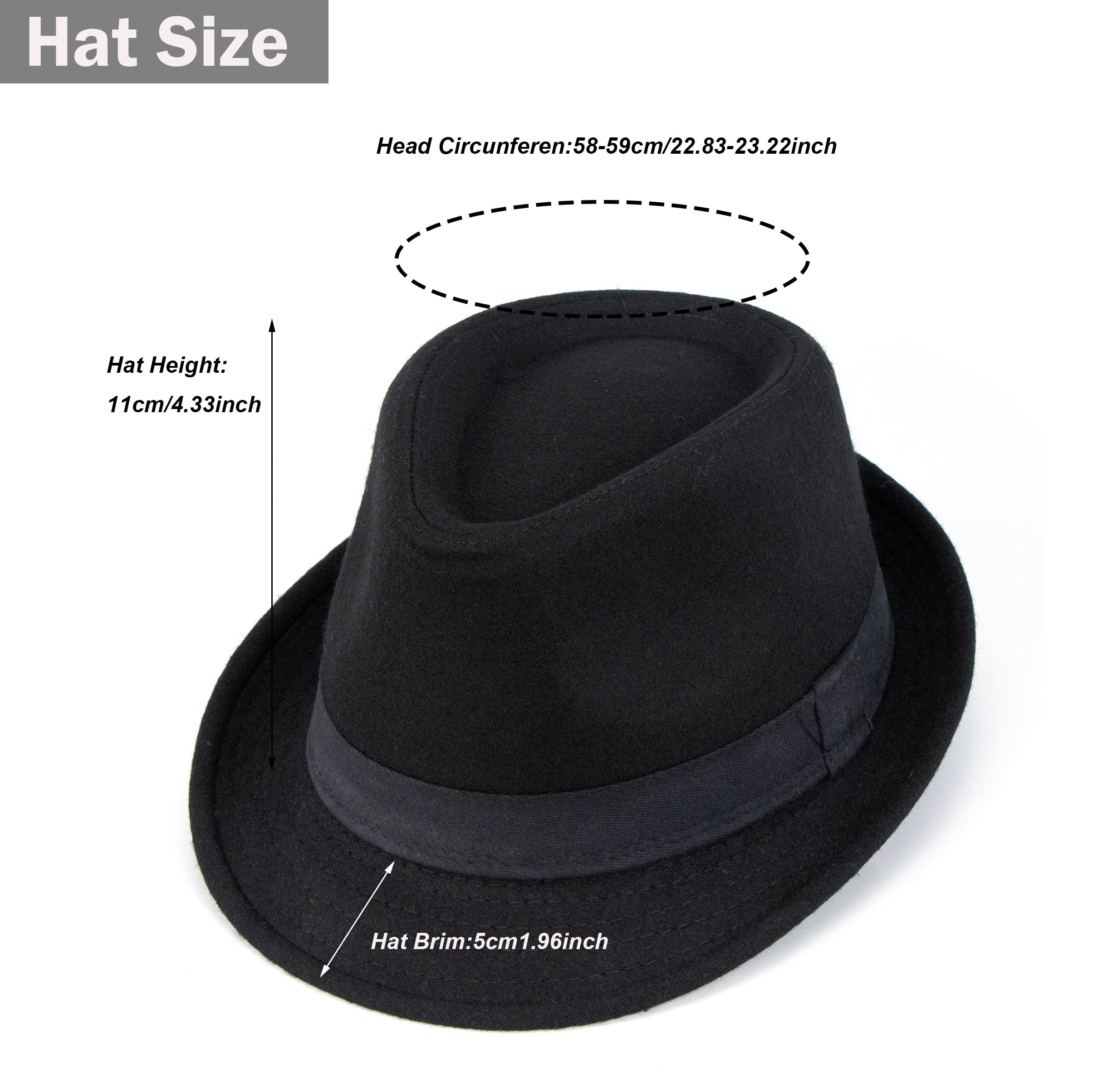 Mens Classic Jazz-Fedora-Hat Manhattan Structured Gangster Trilby Cuban Short Brim Vintage Panama Hats (L:58.5cm/23.03inch, Black)