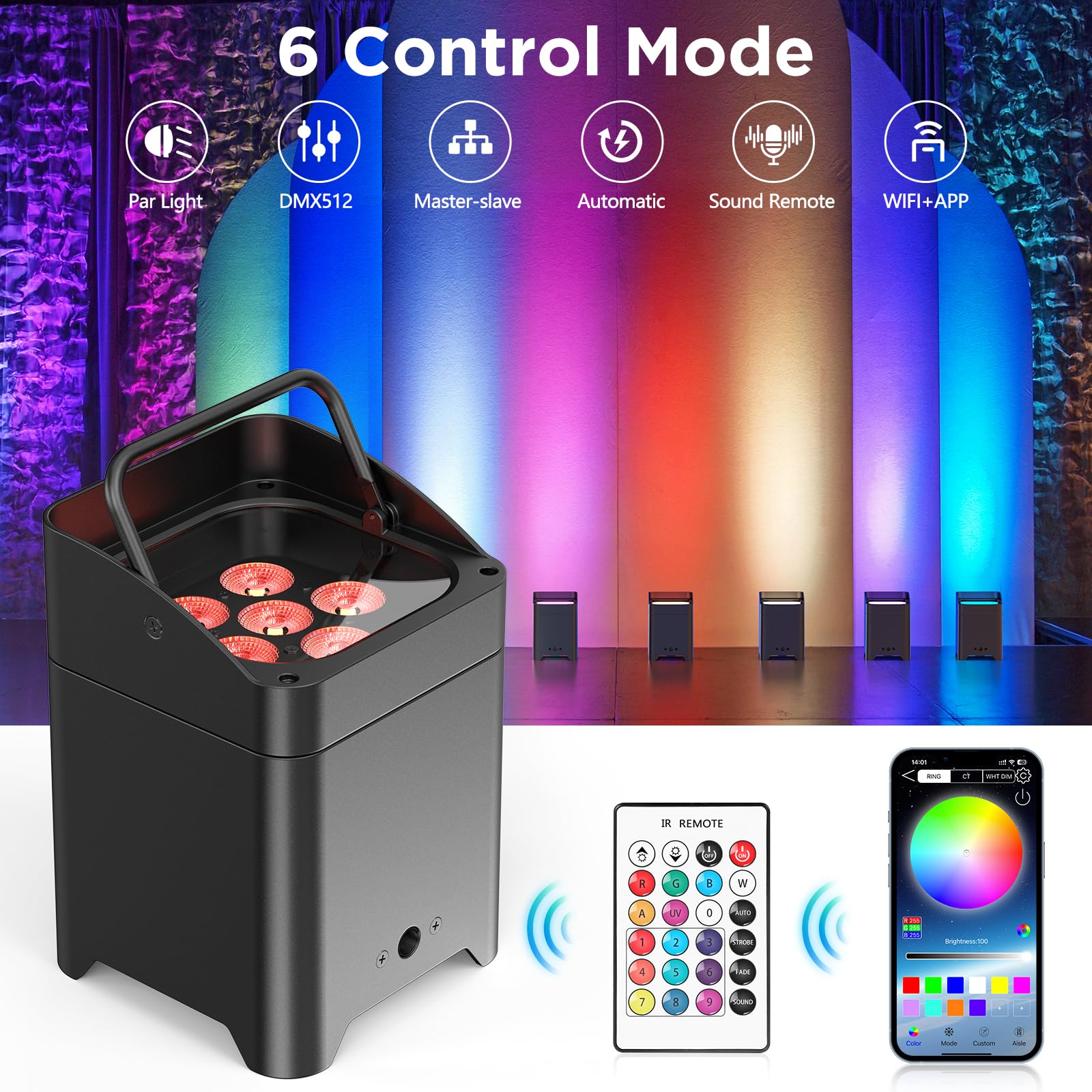 Battery Powered Uplights Rechargeable Par Can 6x18W RGBWA+UV led uplight 9600 mAh Remote/APP/DMX512 Control Stage Lights Uplighting Indoor for Wedding DJ Church Chrismas Dance