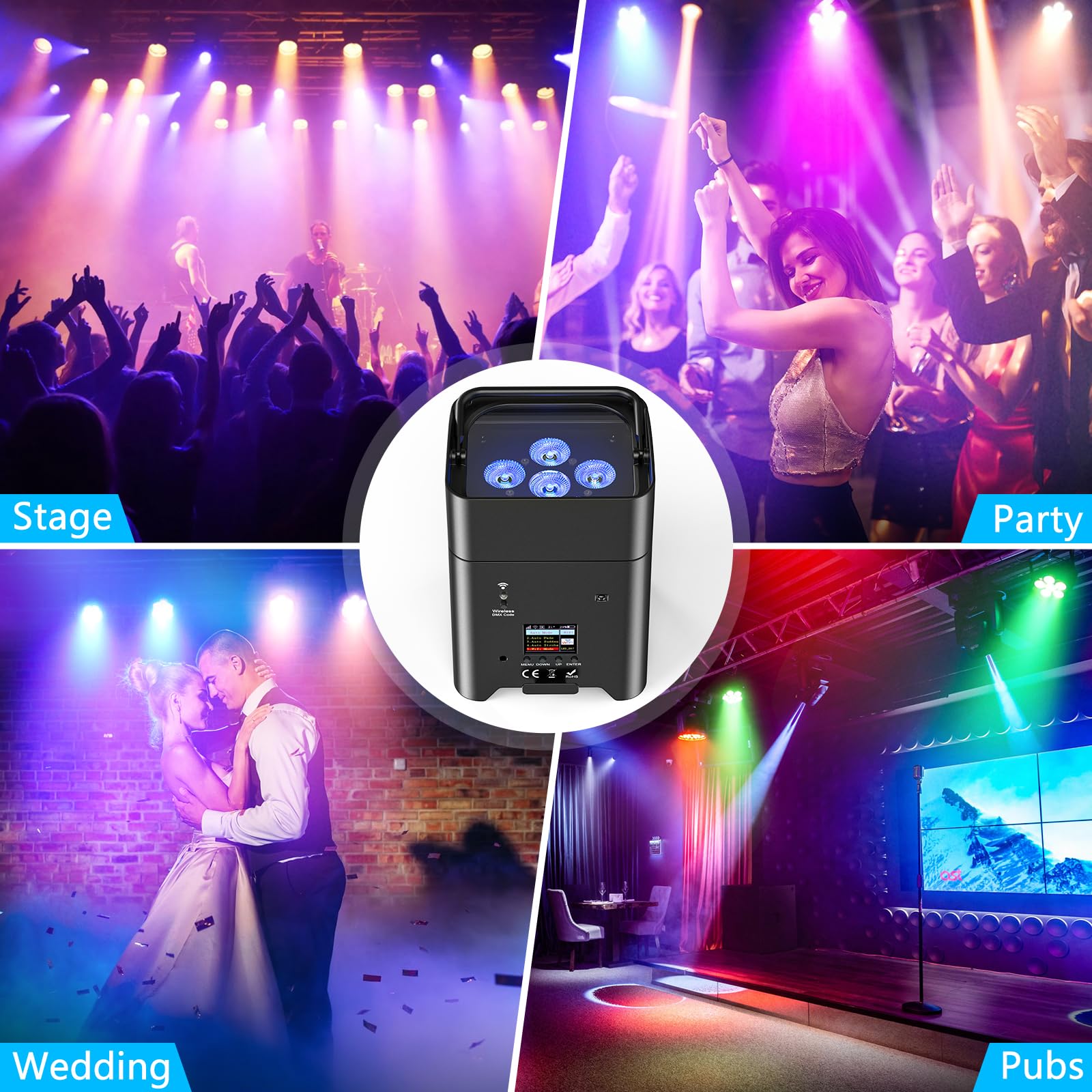 Battery Powered Uplights Rechargeable Par Can 6x18W RGBWA+UV led uplight 9600 mAh Remote/APP/DMX512 Control Stage Lights Uplighting Indoor for Wedding DJ Church Chrismas Dance