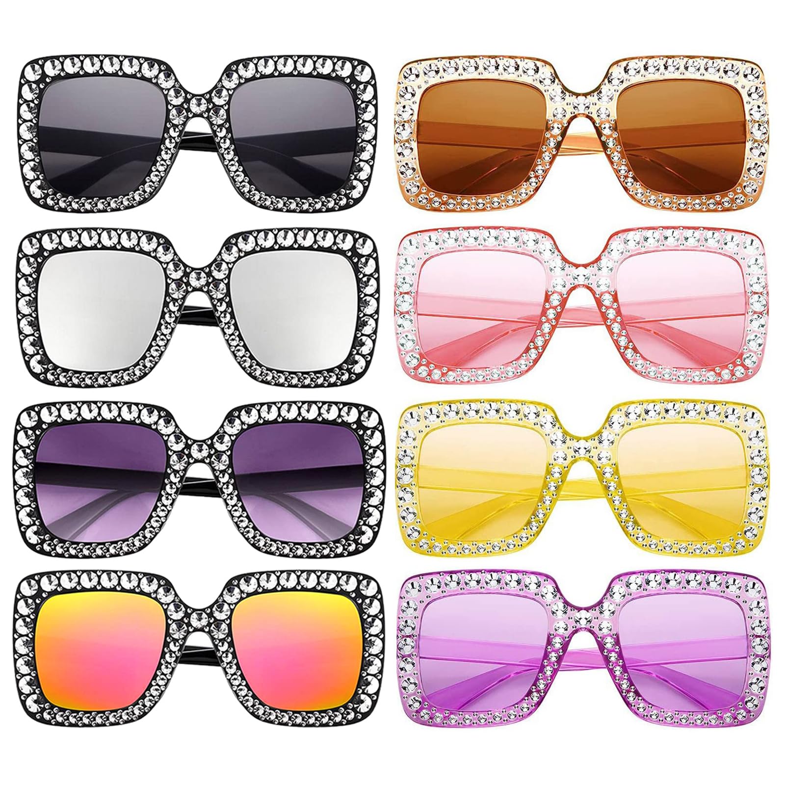 SUNOVELTIES 8 Pieces Women Sparkling Crystal Sunglasses Oversized Square Diamond Thick Frame Glasses Funky Big Cool Eyeswear