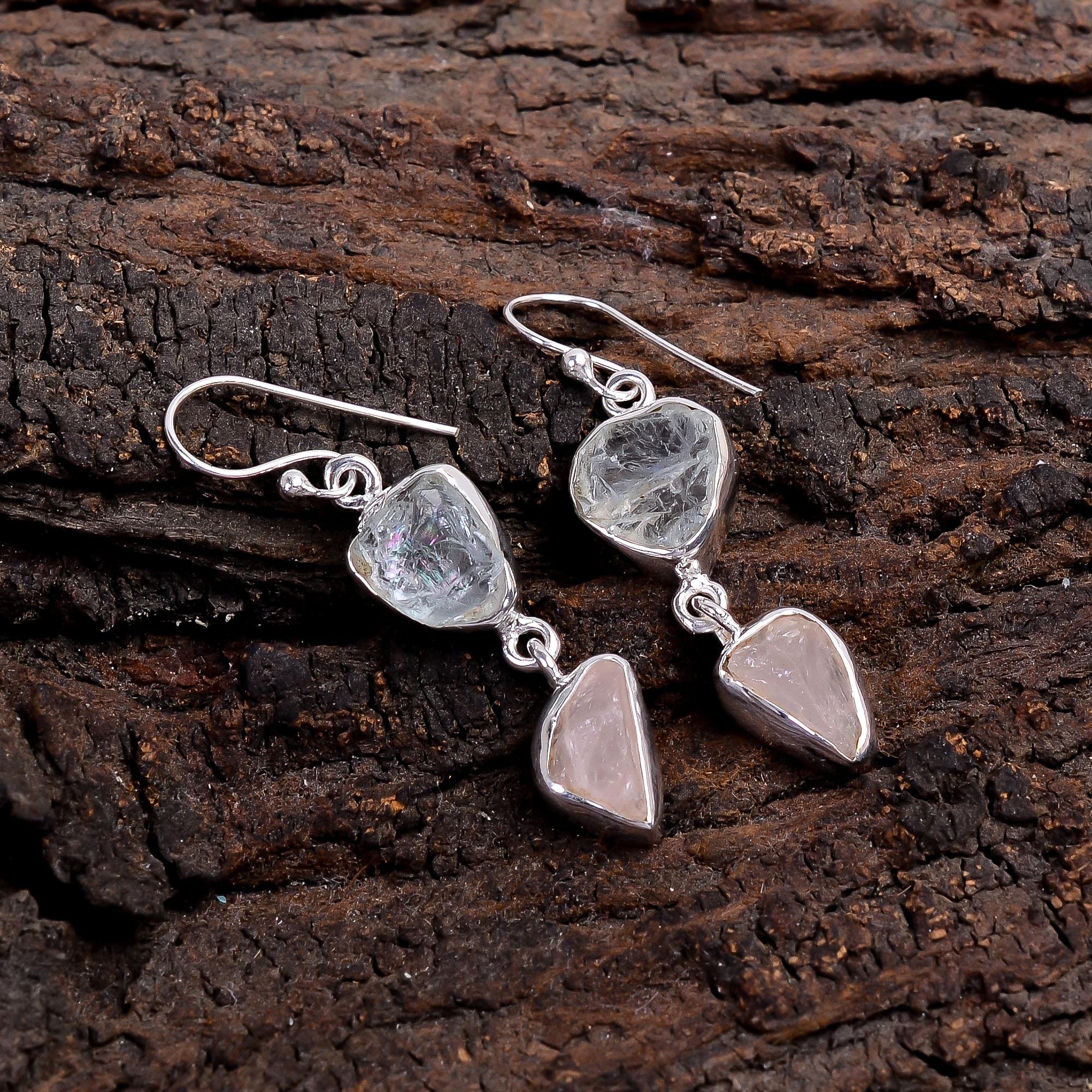 925 Sterling Silver Drop Earrings, Natural Raw Aquamarine Rose Quartz Gemstone Women Gift Jewelry RSE1003