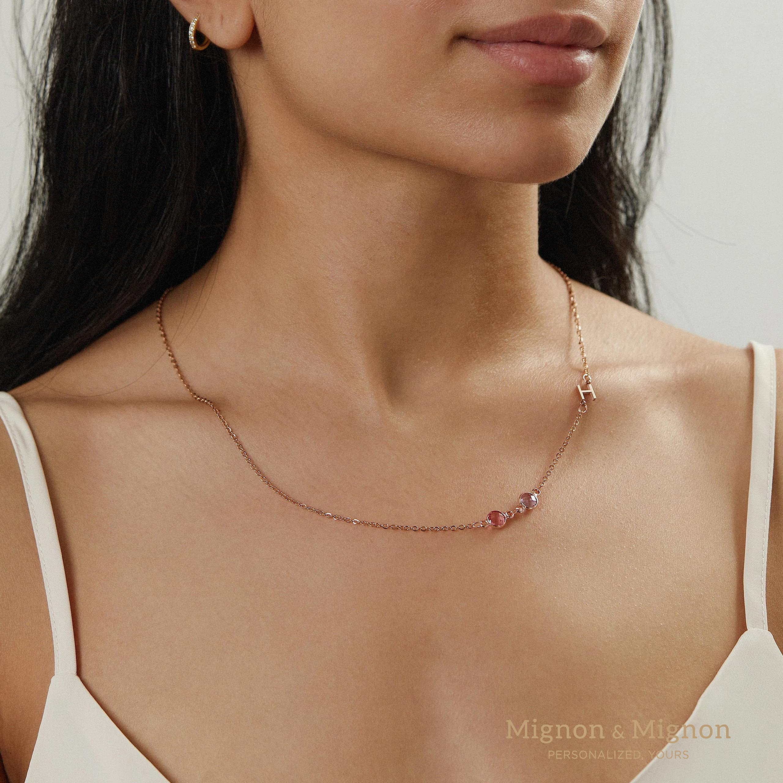 MignonandMignon Sideways Initial with Birthstone Necklace Mother's Day Gift Friendship Best Friend Custom Gemstones -SIN-2HBS-NECK