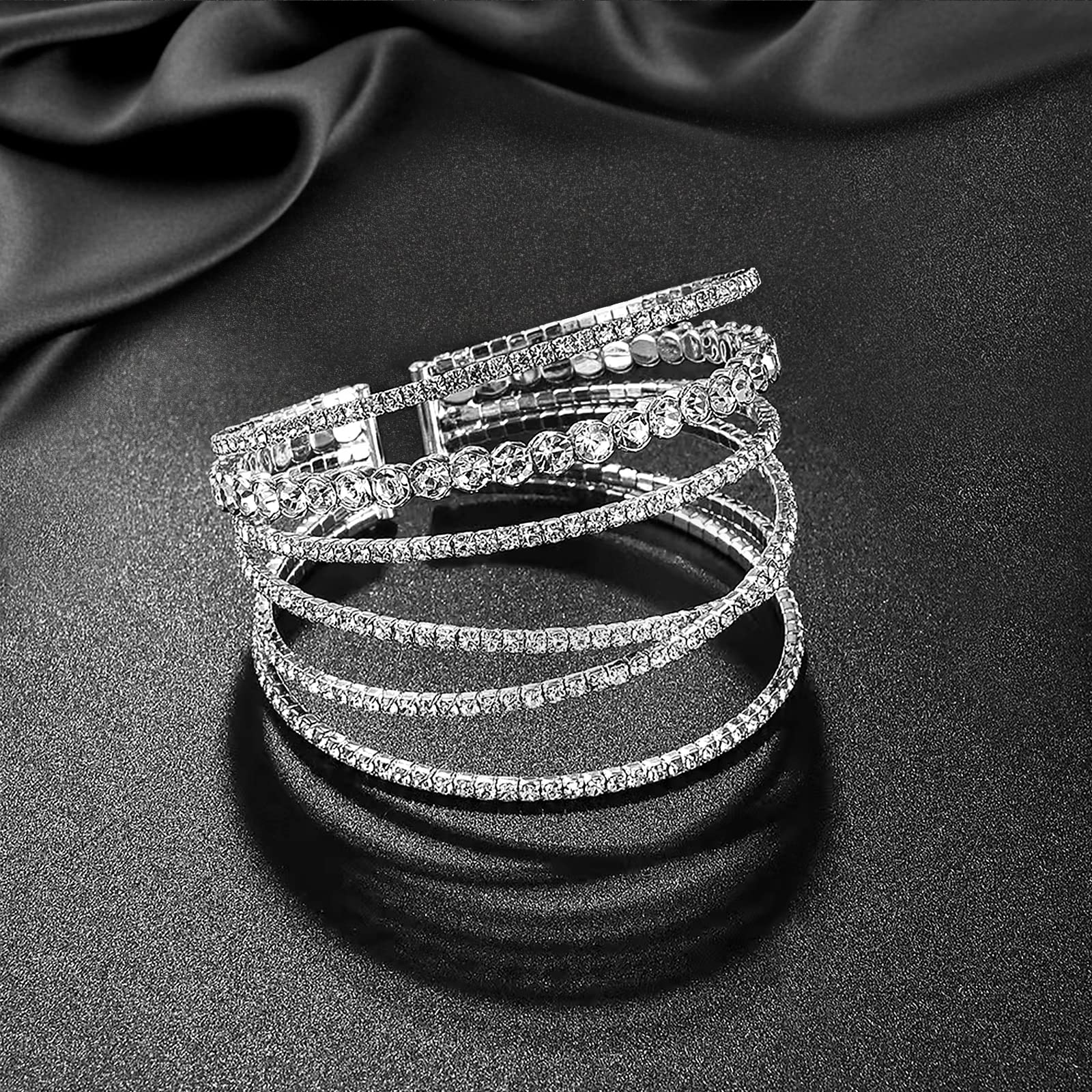 Jojomina MultiLayer Crystal Rhinestone Cuff Bracelet For Women Silver Strand Layered Bridal Bracelet Jewelry for Prom Party Wedding Dating