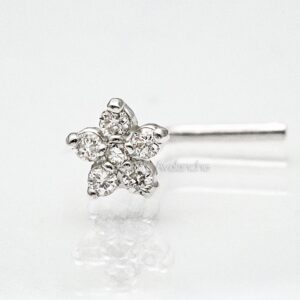 20G 14K White Gold Diamond L-shape Nose Stud - Flower Setting nose Ring - April Birthstone - FLWD-LSWG