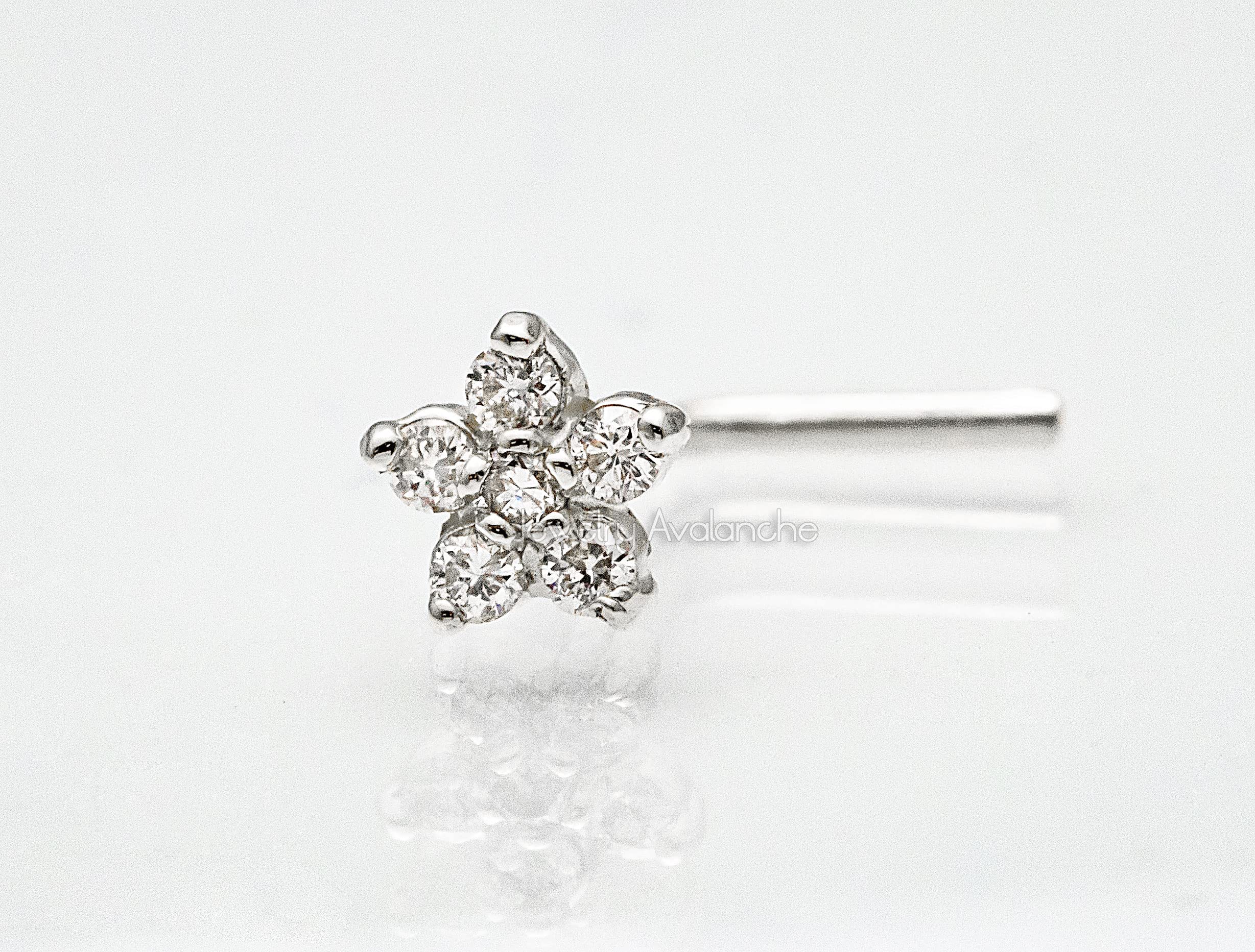 20G 14K White Gold Diamond L-shape Nose Stud - Flower Setting nose Ring - April Birthstone - FLWD-LSWG