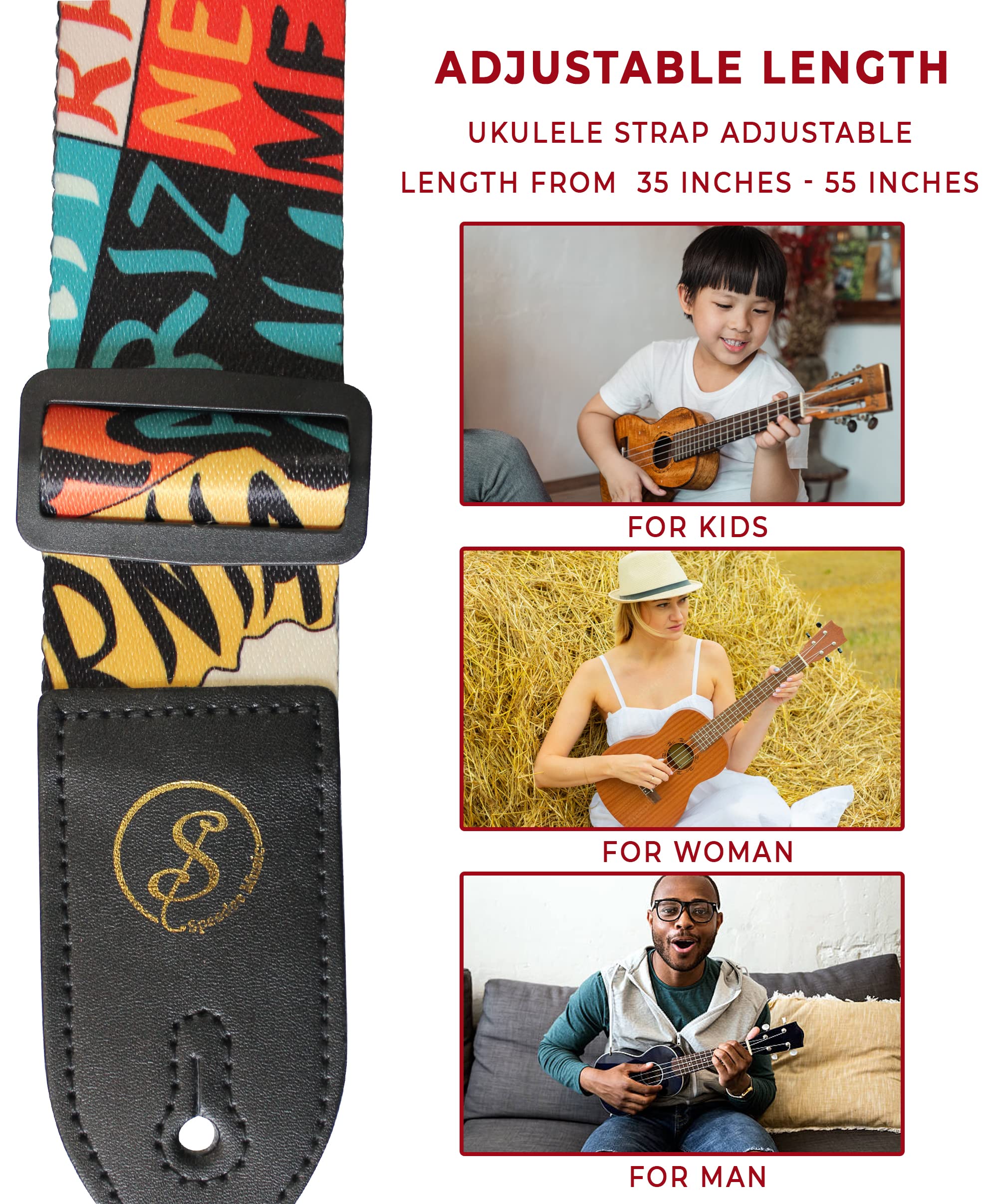 Speedee Music Embroidered Ukulele Strap Kit - 1 US Map Camo Design Ukulele Strap, 3 Guitar Picks, 1 Strap Button, 1 Pick Holder Orange Black Red Blue Yellow White