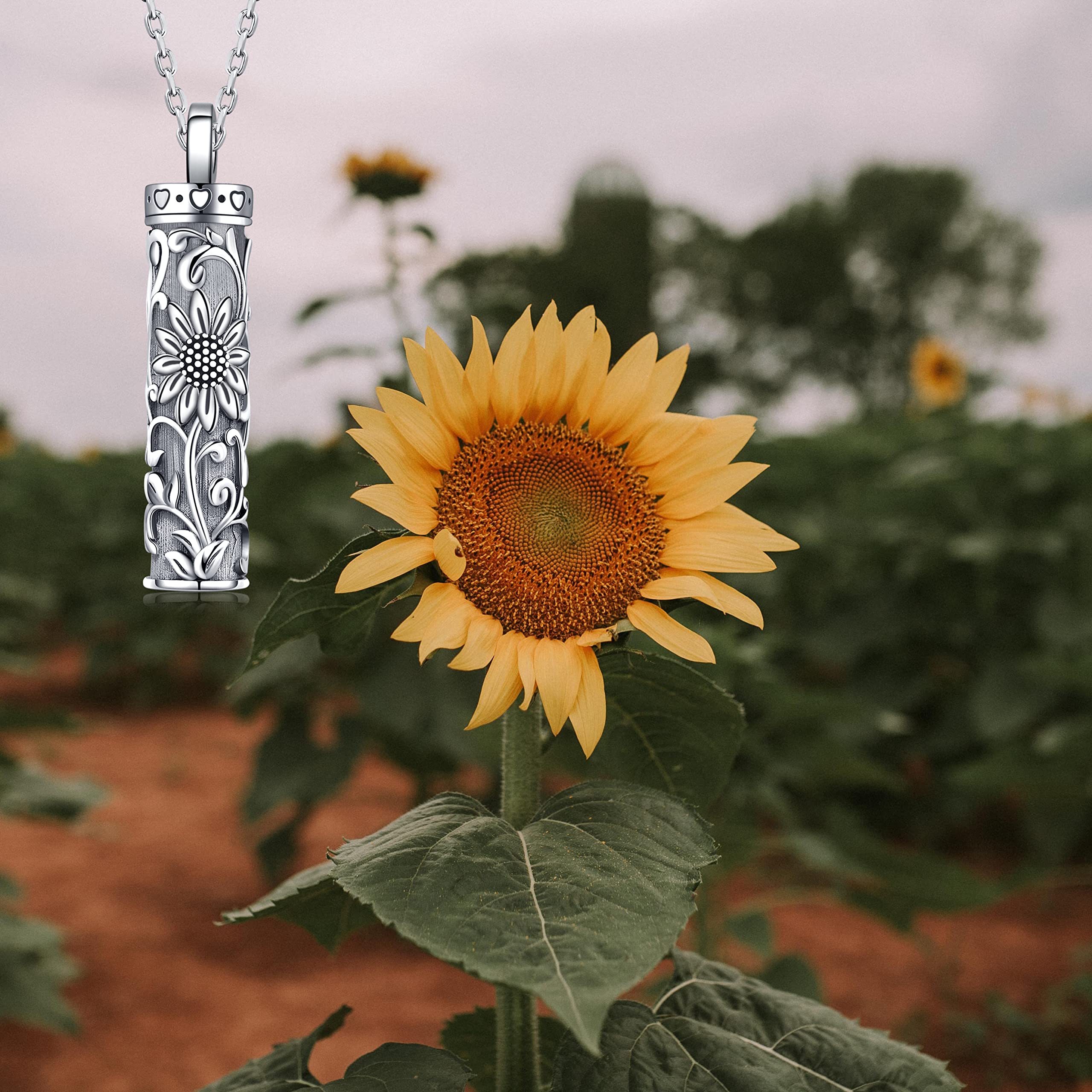 Fryneauy Sunflower Cylinder Bar Necklace for Ashes, 925 Sterling Silver Pendant Keepsake for Women