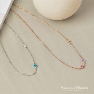 MignonandMignon Sideways Initial with Birthstone Necklace Mother's Day Gift Friendship Best Friend Custom Gemstones -SIN-2HBS-NECK