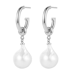 elegant pearl hoop dangle earrings 925 sterling silver for women gold plated pearl dangle earrings birthday jewelry gift (silver)