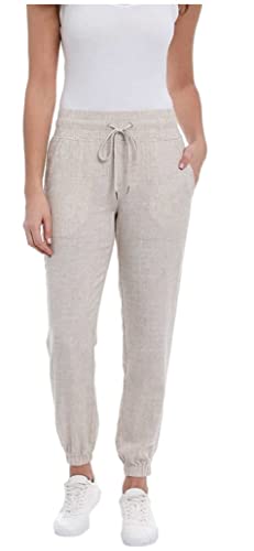 Brigg Women's Linen Blend Relaxed Fit Jogger Sweatpants Yoga Trouser Pants (X-Large, Tan)