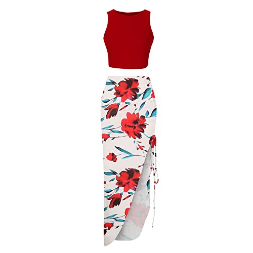 Women's Floral Crop Top Dress Split Hem Maxi Skirt Set 2 Piece Outfit Dress Sexy Wrap Backless Tropical Clubwear Dress Red